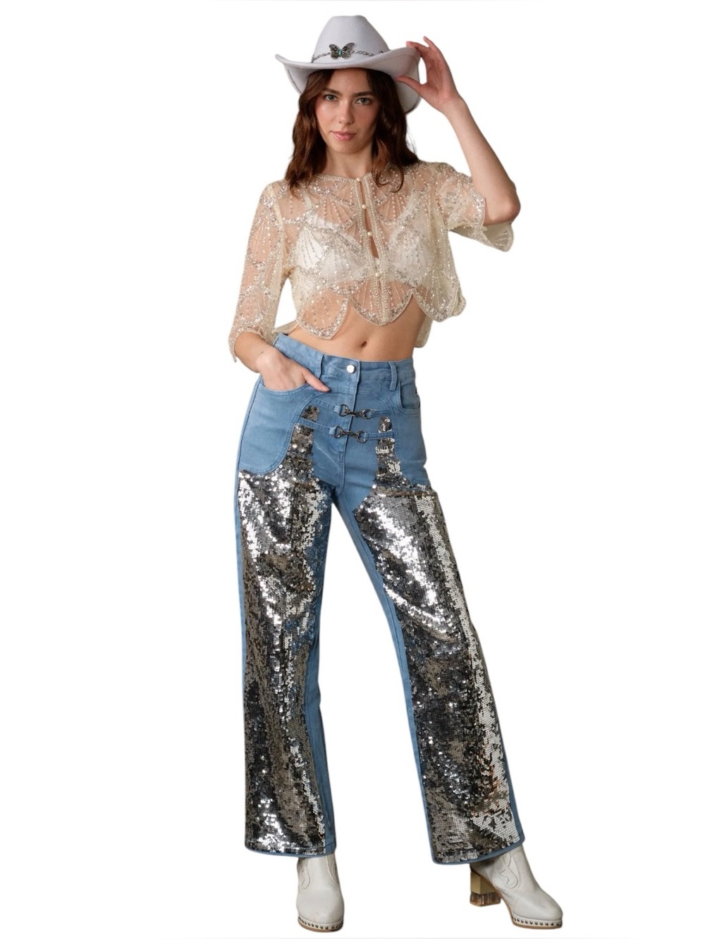 NEW blue b Light Wash Silver Sequin Horsebit Straight Leg Stretch Denim Jeans